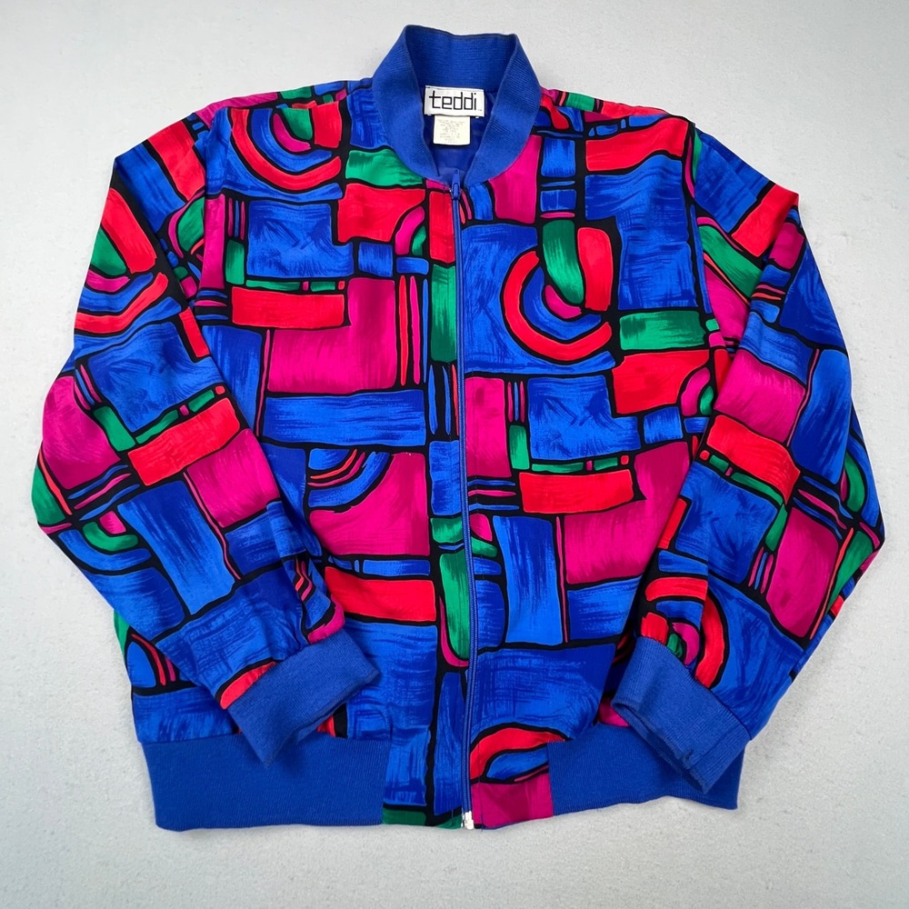 VTG Retro 90s Teddi Bomber Jacket Womens Large Blue Abstract Geometric Zip Up